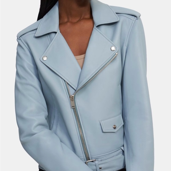 Theory pastel light Blue lambskin Leather Biker Motorcycle moto Jacket Petite - Picture 1 of 16